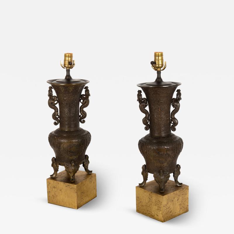 Pair of Antique Japanese Bronze Vasiform Table Lamps