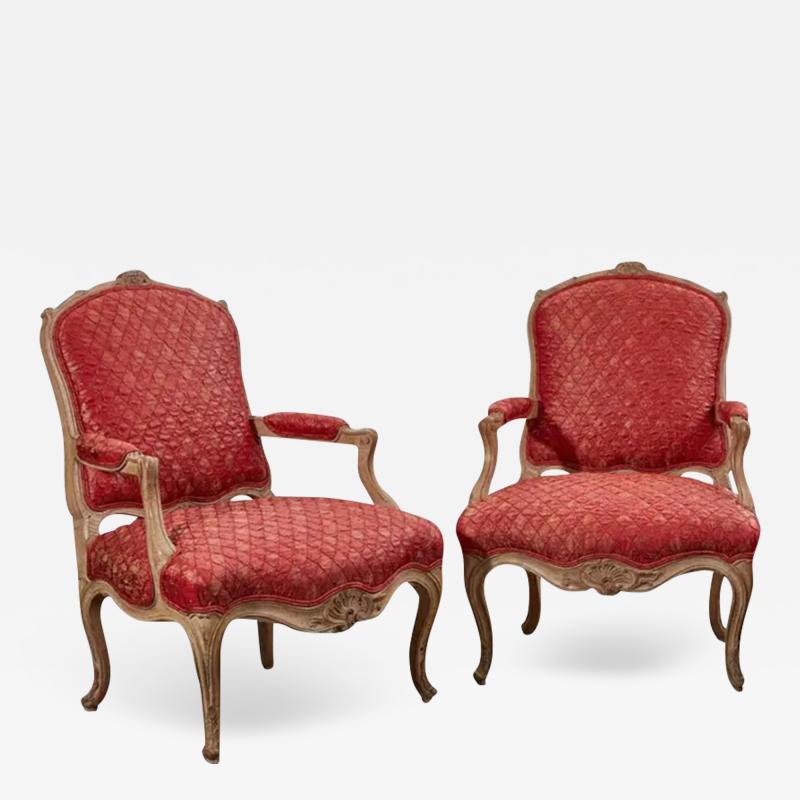 Pair of Antique Louis XV Style Pickled Oak Fauteuils