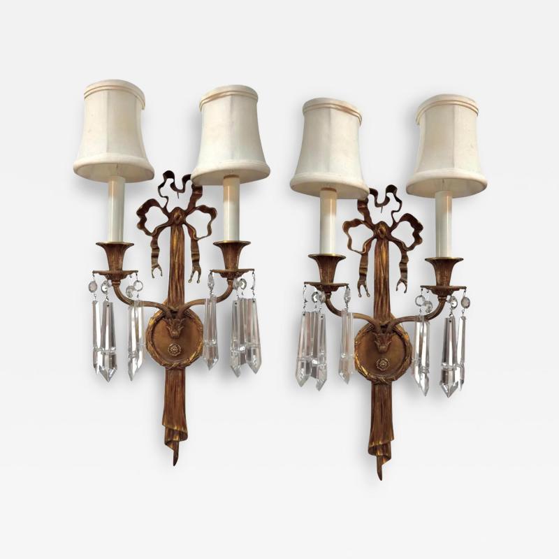 Pair of Antique Louis XVI Style Bronze Crystal Sconces