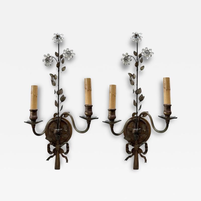 Pair of Antique Maison Bagues Bronze Crystal Light Sconces