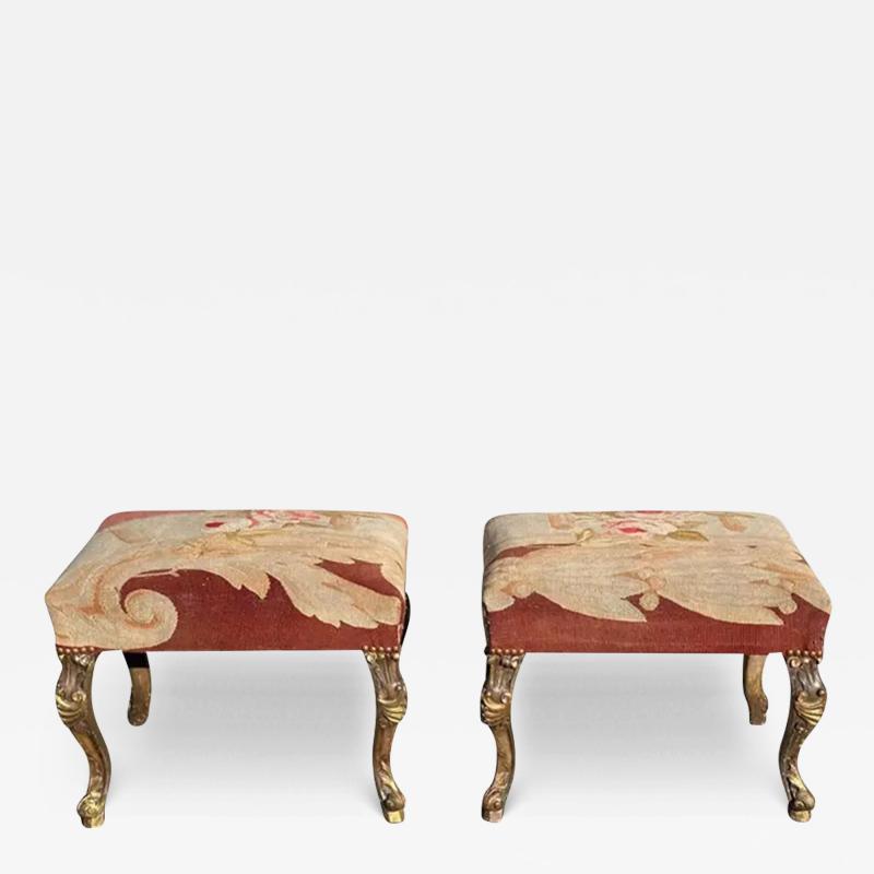 Pair of Antique Rococo Giltwood Stools W 18th C Aubusson Tapestry