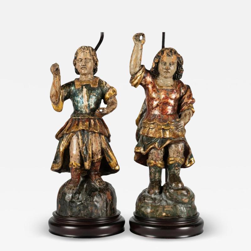 Pair of Antique Spanish Colonial Santos Figures Mounted as Table Lamps