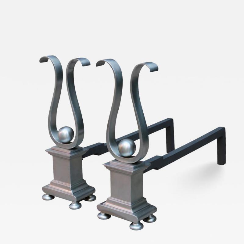 Pair of Architectural Andirons Patinated Metal