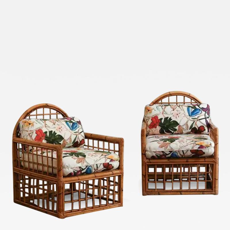 Pair of Armchairs With Arched Backrest And Woven Bamboo 1970s