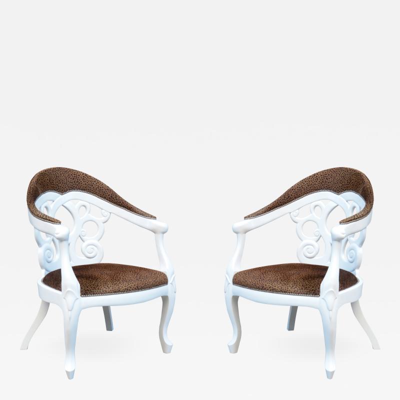 Pair of Armchairs designed by David Barrett Solid wood in white Lacquer 