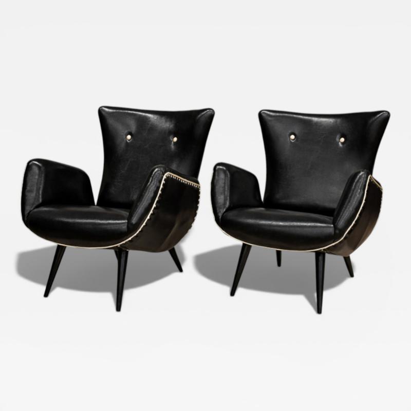 Pair of Armchairs in Faux Black Leather Unknown 1950s