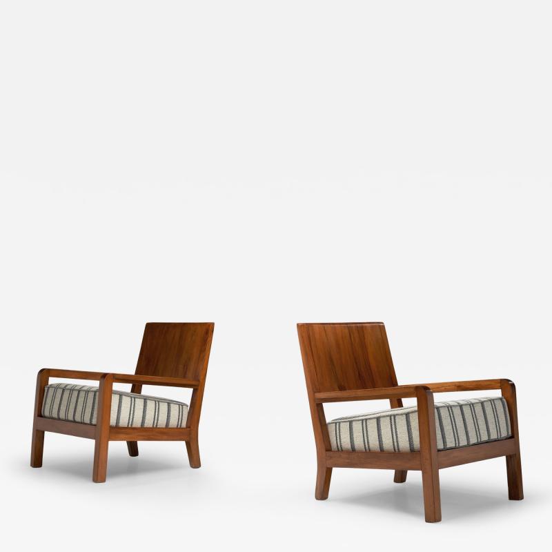 Pair of Armchairs with Wooden Frames and Striped Upholstered Seats Europe 1930s