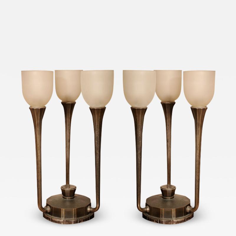 Pair of Art Deco 3 Light Table Lamps by J Codure