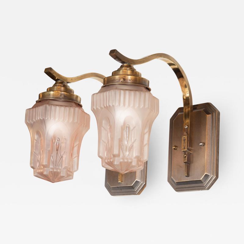 Pair of Art Deco Antique Bronze and Pressed Rose Glass Skyscraper Style Sconces