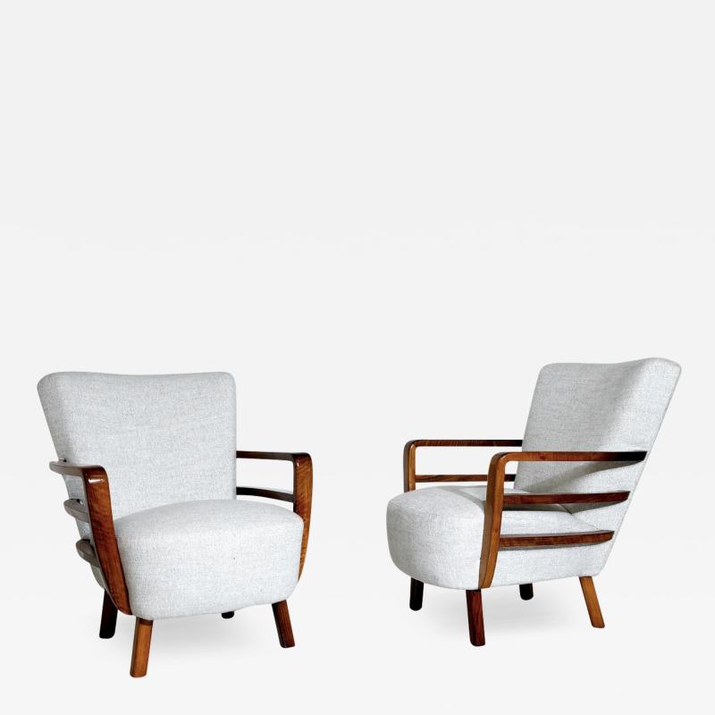 Pair of Art Deco Armchairs Walnut Hungary New Upholstery