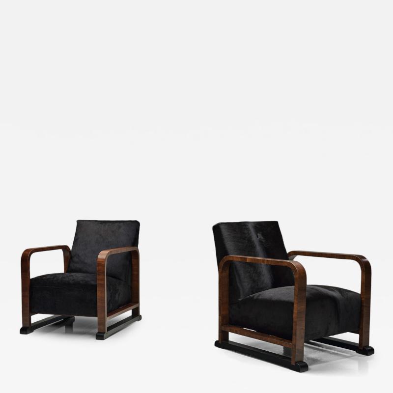 Pair of Art Deco Armchairs in Black Pony Hide Europe First Half of the 20th C