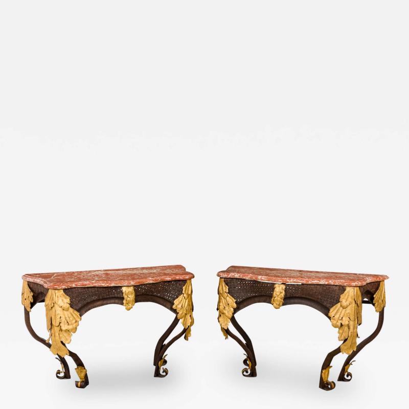 Pair of Art Deco Basket Woven Wrought and Gilt Tole Blush Marble Top Console Tab