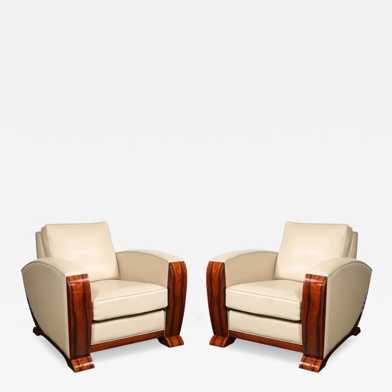 Pair of Art Deco Club Chairs in Palisander Edelman Cream Leather