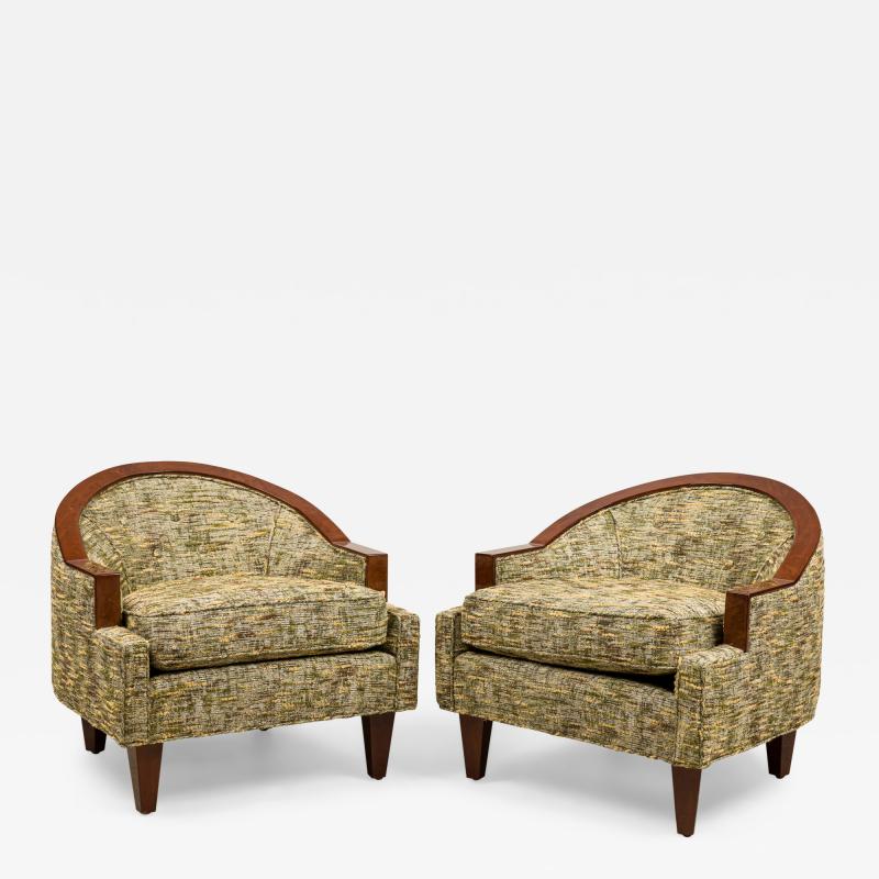 Pair of Art Deco French Beige Upholstered Wooden Tub Chairs with Step Back Arms