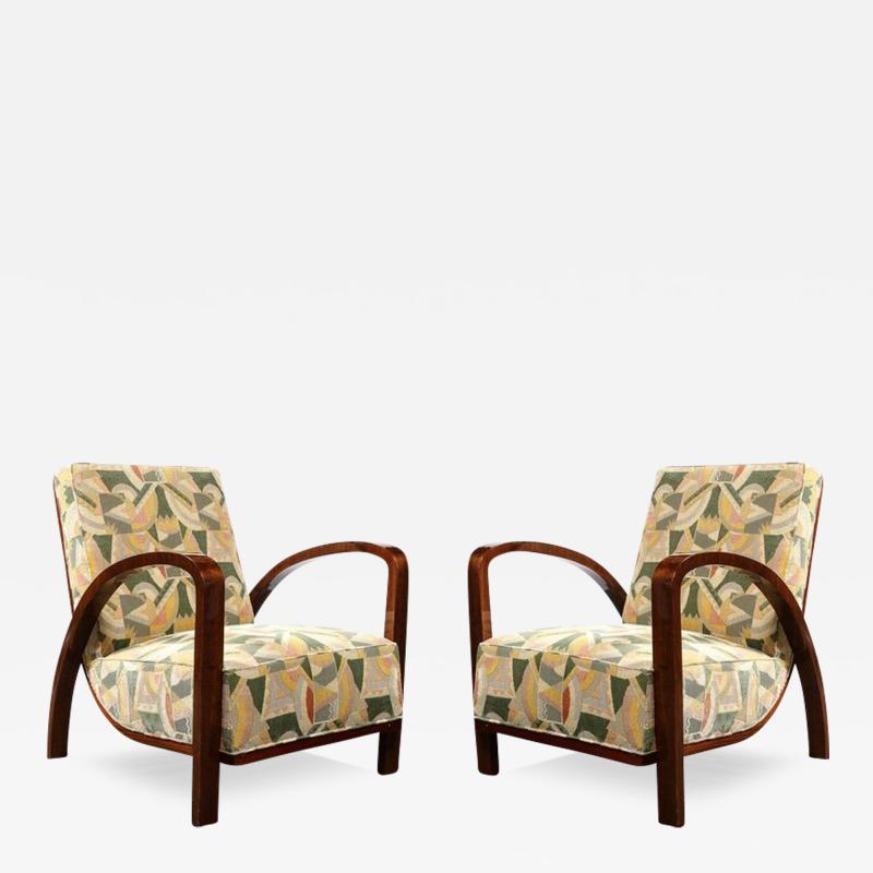 Pair of Art Deco Halabala Arm Chairs in Walnut Rare Clarence House Fabric