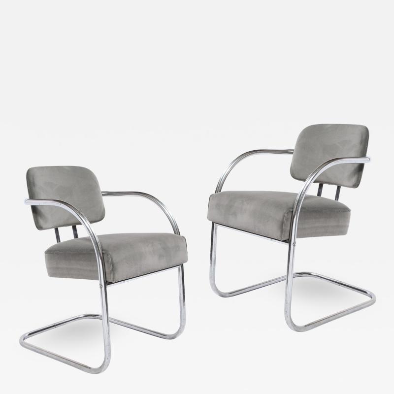 Pair of Art Deco Machine Age Bent Aluminum Platinum Velvet Occasional Chairs
