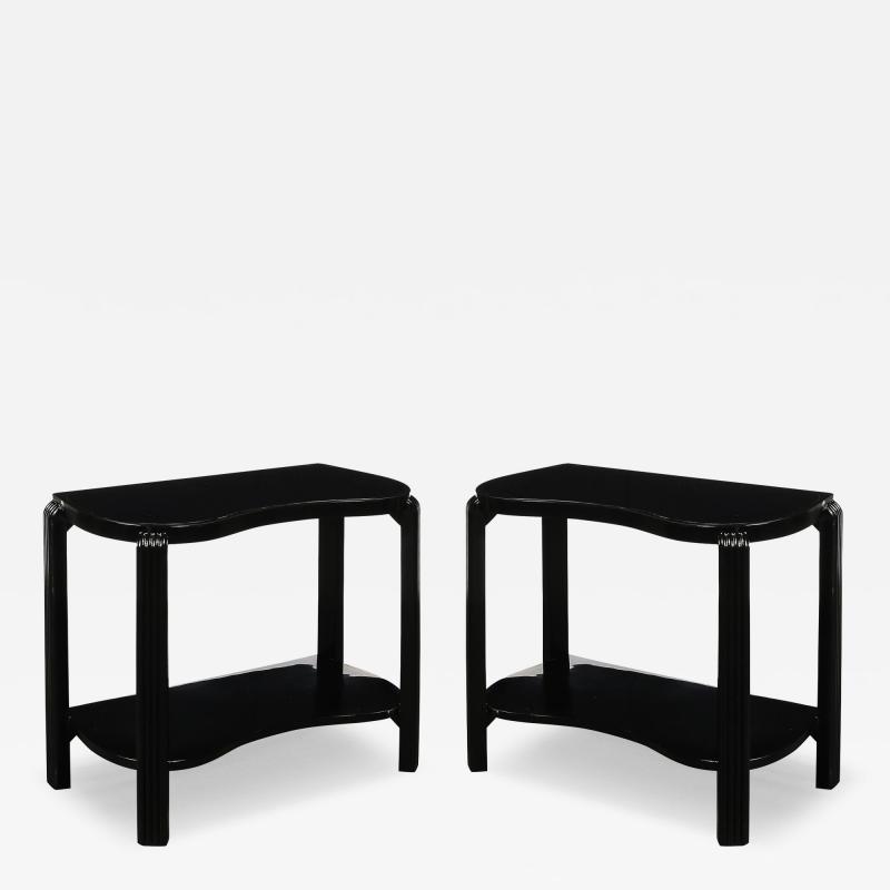 Pair of Art Deco Machine Age Black Lacquer Side Tables with Inset Vitrolite Tops