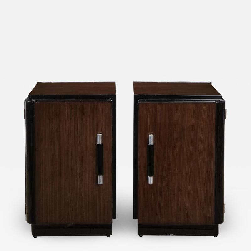 Pair of Art Deco Machine Age Bookmatched Walnut Nightstands w Lacquer Details