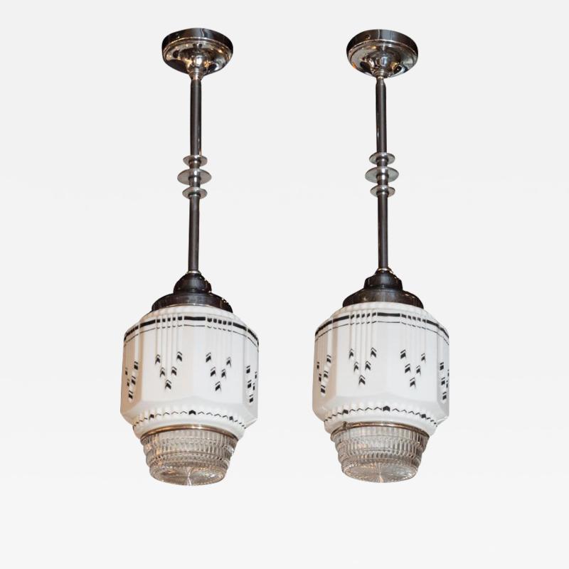 Pair of Art Deco Machine Age Skyscraper Style Blown Glass Chrome Pendant