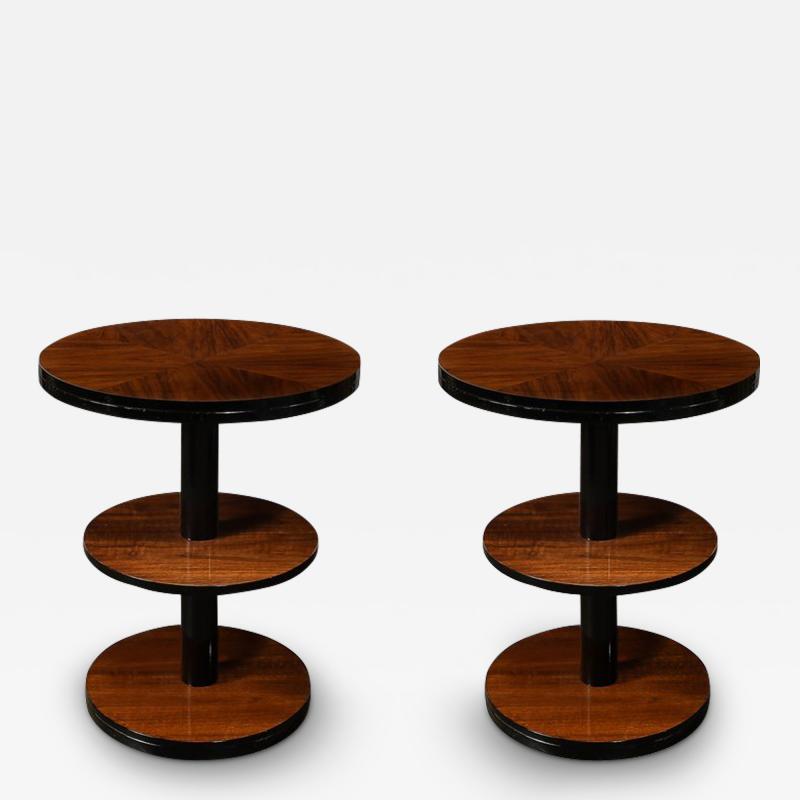 Pair of Art Deco Machine Age Three Tier Round Side Tables in Book Matched Walnut
