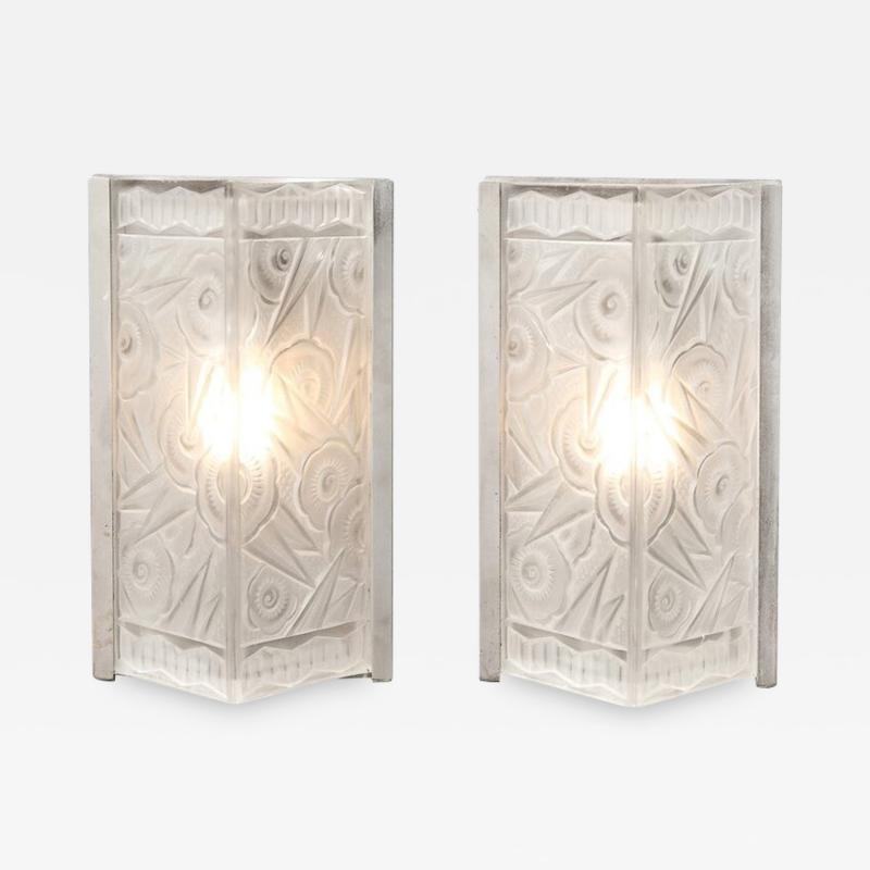 Pair of Art Deco Molded Frosted Glass Sconces w Stylized Cubist Floral Motifs