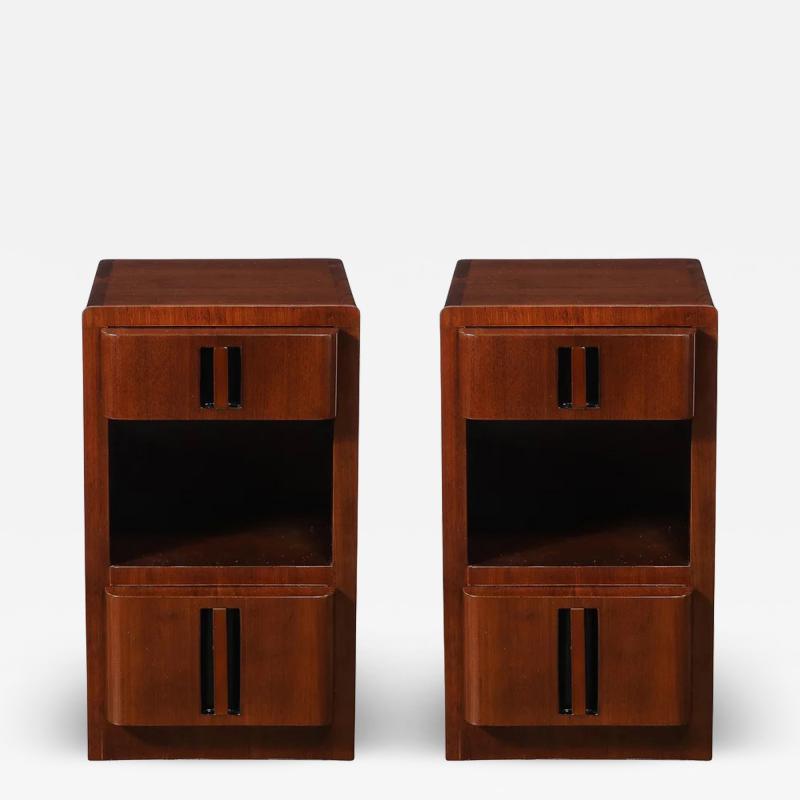 Pair of Art Deco Nightstands in Book Matched Walnut with Black Lacquer Accents