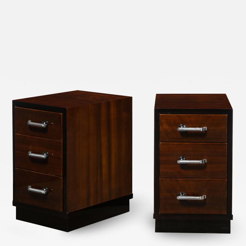 Pair of Art Deco Nightstands in Lacquer Walnut w Streamlined Chrome Pulls