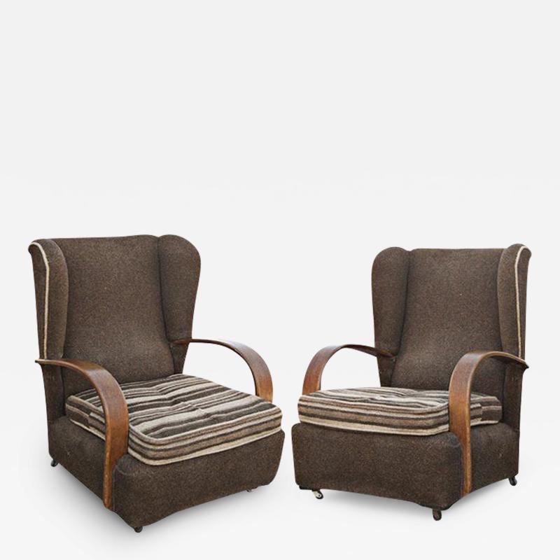 Pair of Art Deco Scrolled Arms Wing Chairs