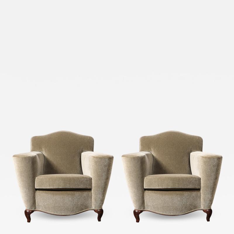 Pair of Art Deco Sinuous Club Chairs In Taupe Mohair Walnut Supports