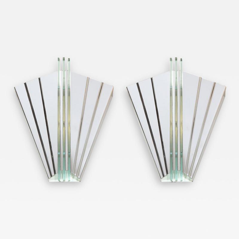 Pair of Art Deco Skyscraper Style Polished Chrome Glass Fan Sconces