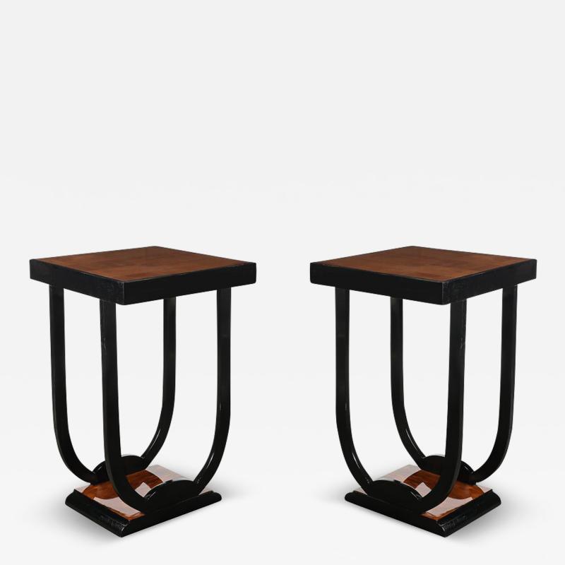 Pair of Art Deco Streamlined Bookmatched Walnut and Black Lacquer Side Tables