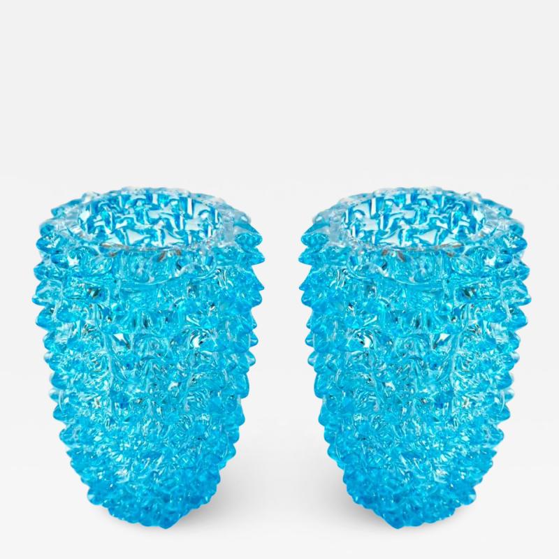 Pair of Art Deco Style Italian Aquamarine Murano Glass Centerpiece Vases