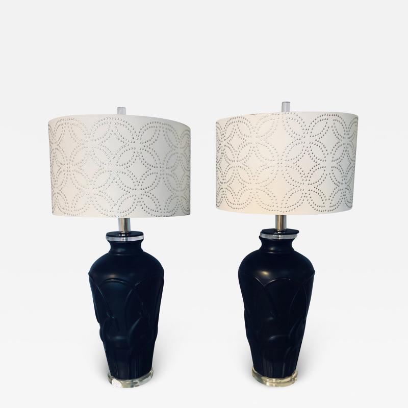 Pair of Art Deco Style Modern Black Table Lamps Lucite Base and Antelopes