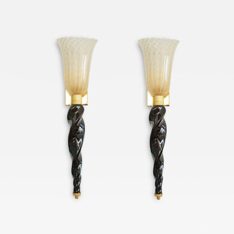 Pair of Art Deco Style Murano Black and Gold Glass Wall Lights