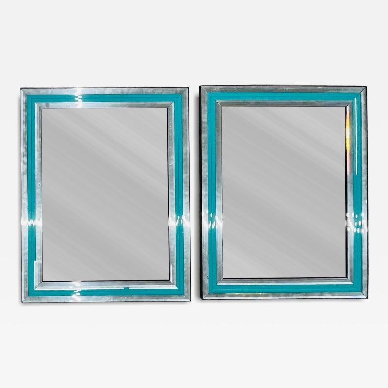 Pair of Art Deco Wall Mantle or Console Mirrors with Turquoise Beveled Frames