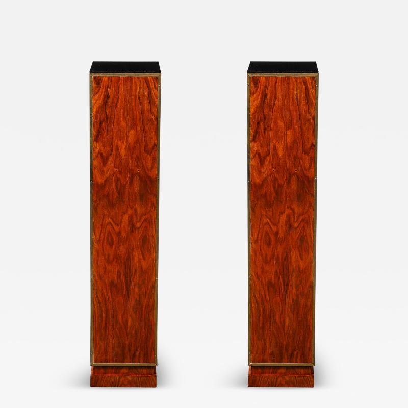 Pair of Art Deco Walnut Pedestals with Brass Detailing Vitrolite Inset Top