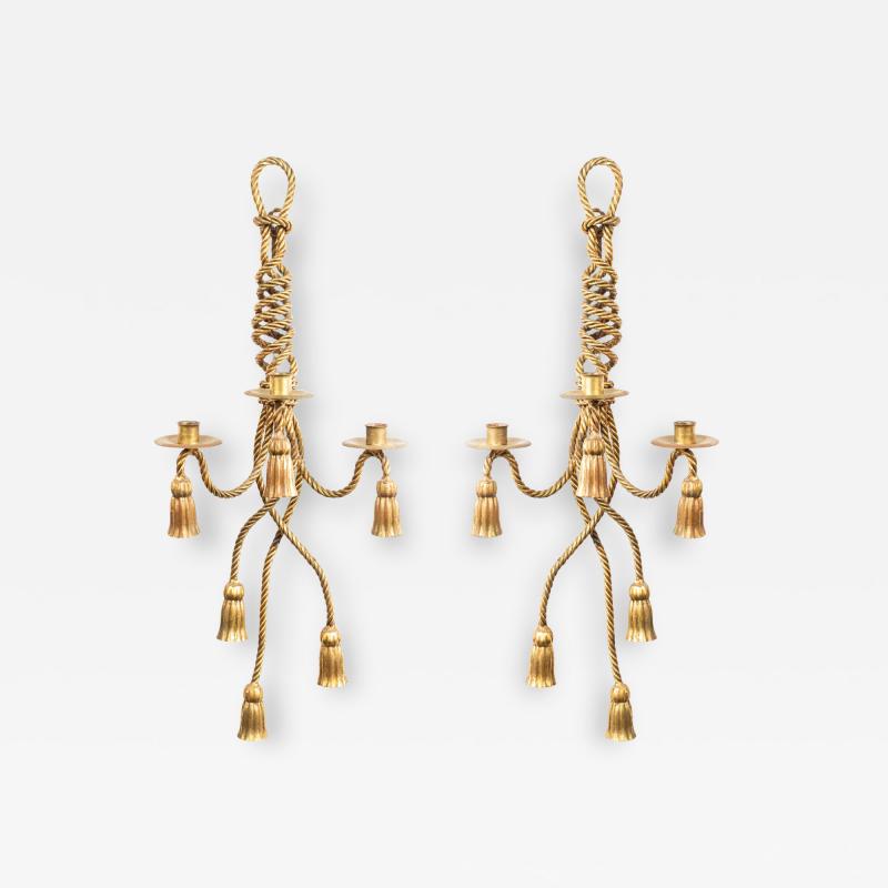Pair of Art Moderne Rope and Tassel Gilt Wall Sconces