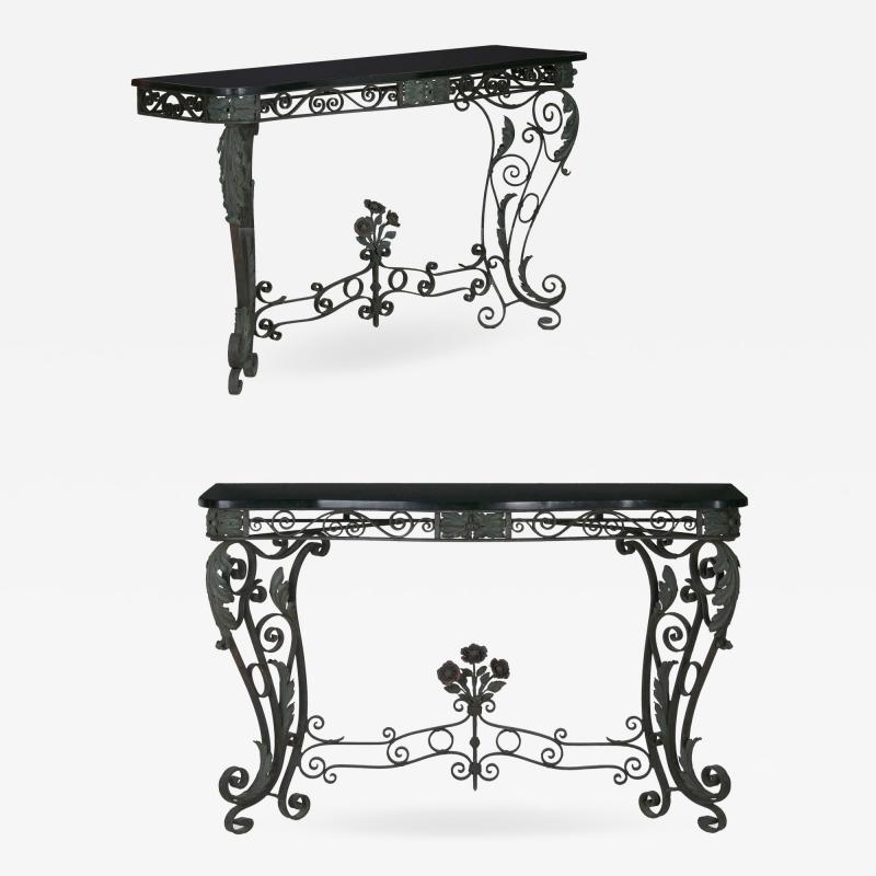 Pair of Art Nouveau Wrought Iron Antique Black Stone Console Tables