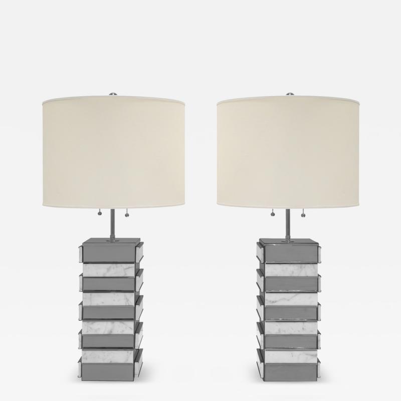 Pair of Artisan Table Lamps in White Marble and Chrome 1970s