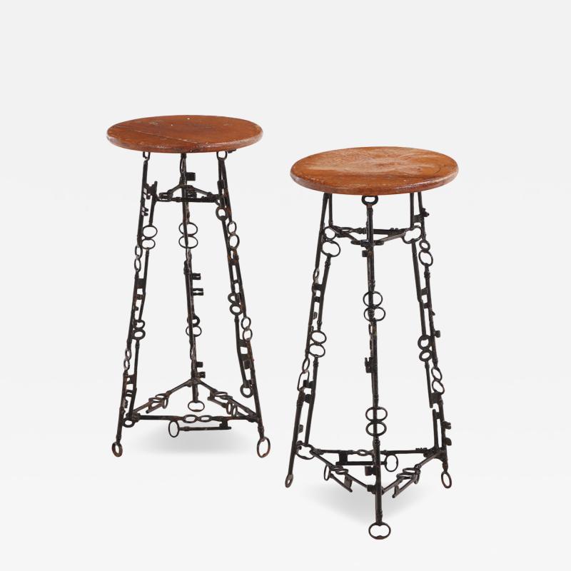 Pair of Artist Made Iron and Oak Stools C 1960