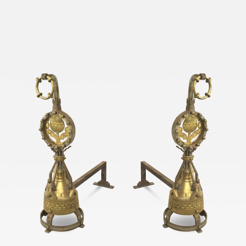 Pair of Arts Crafts Brass Sunflower Andirons
