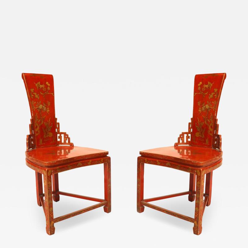 Pair of Asian Chinese 19th Cent Red Gilt Side Chairs