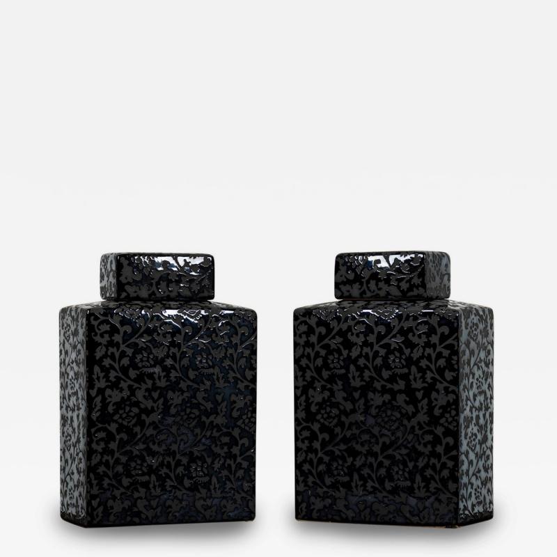 Pair of Asian Contemporary Black and Grey Ceramic Decorative Lidded Jar