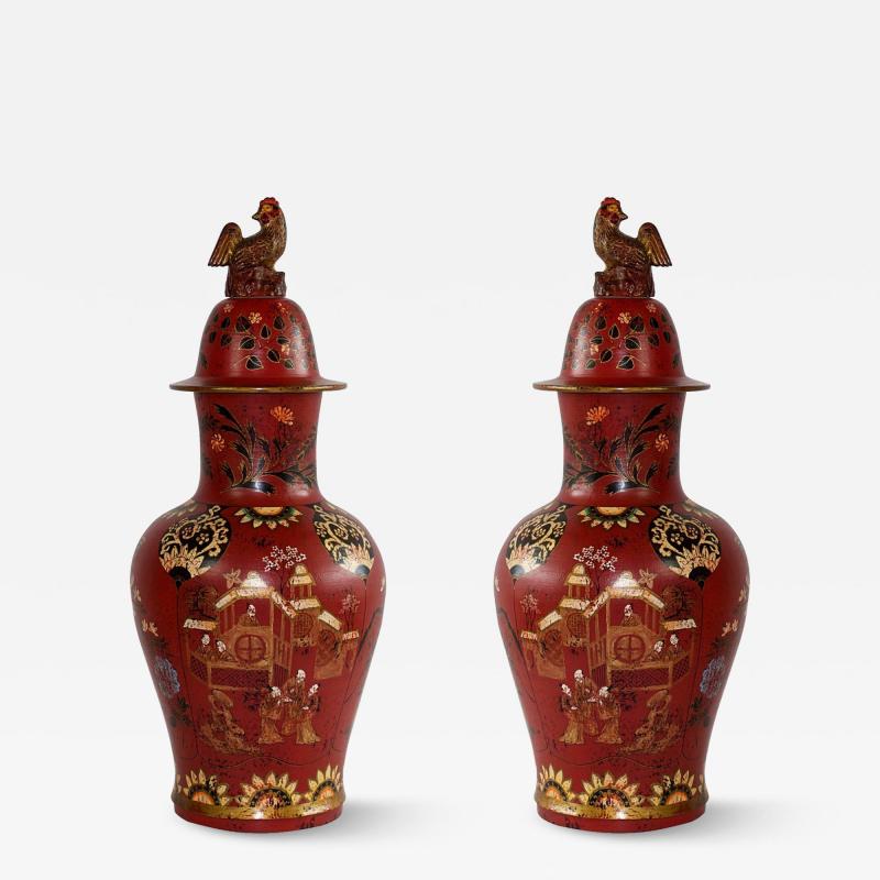Pair of Asian Rooster Finial Lidded Red Urns