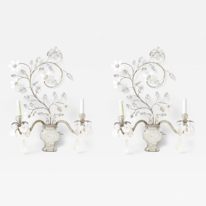 Pair of Bagues Style Rock Crystal Sconces with Vases and Flora