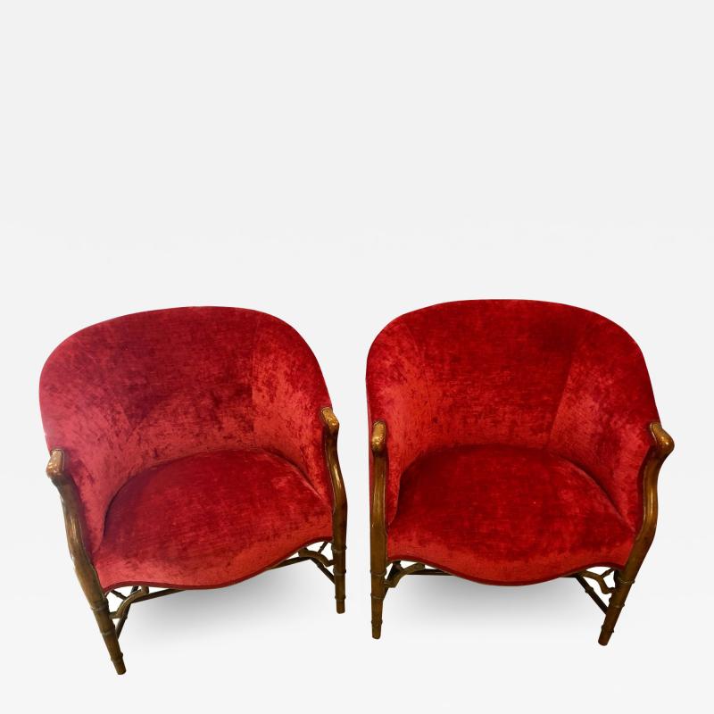 Pair of Bamboo Legged Cherry Red Velour 19th 20th Century Barrel Back Chairs