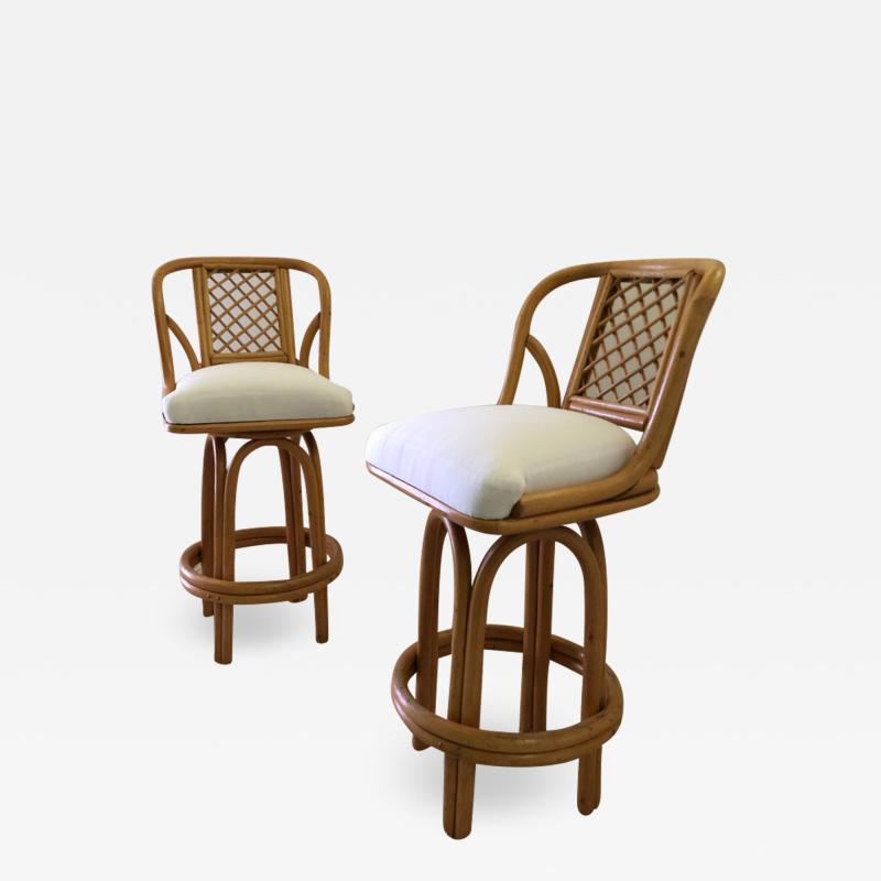 Pair of Bamboo Tall Swivel Bar Stools Vintage Sunbrella Fabric