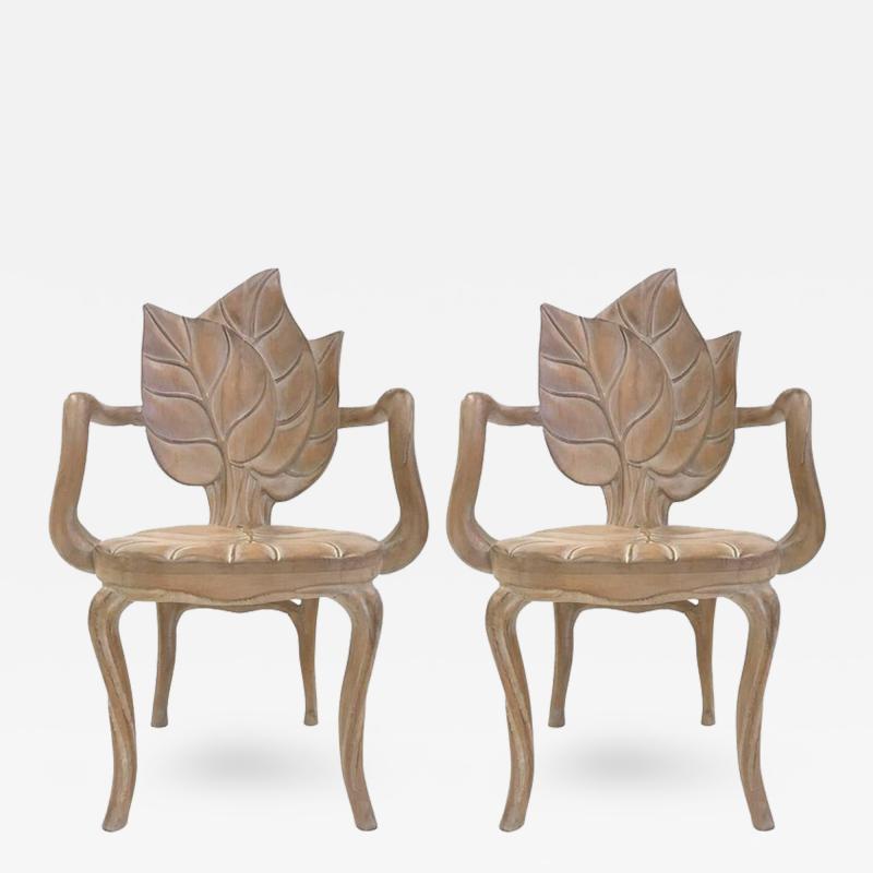 Pair of Bartolozzi Maioli Carved Wooden Leaf Armchairs