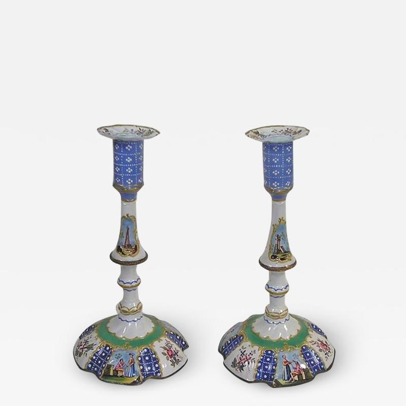 Pair of Battersea Enamel Candlesticks