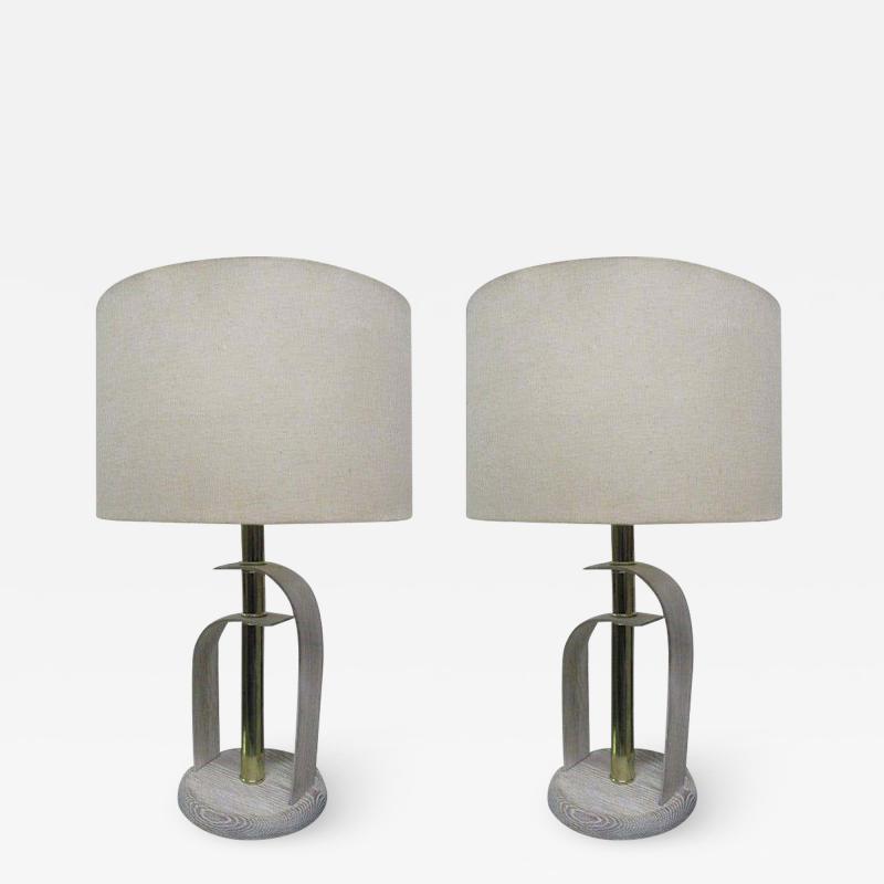 Pair of Bentwood and Brass Cerused Oak Lamps